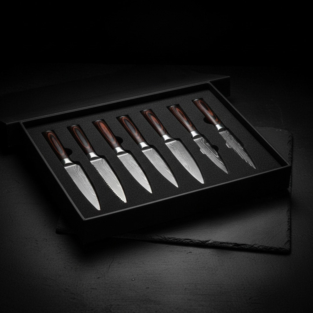Lumavon Damascus knife set in foam-insert presentation box