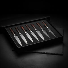 Lumavon Damascus knife set in foam-insert presentation box — view 1
