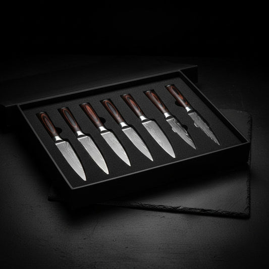 Lumavon Damascus knife set in foam-insert presentation box